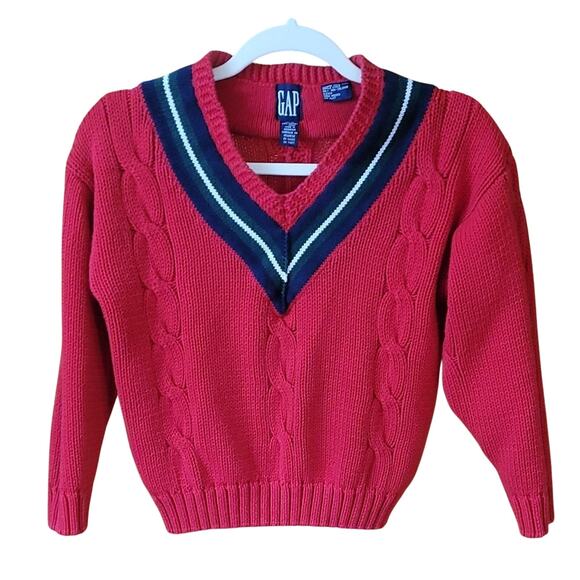 Gap Kids V Neck Knit Sweater HEAVY Size M Red Multicolor 100% Cotton Holiday - Picture 1 of 7